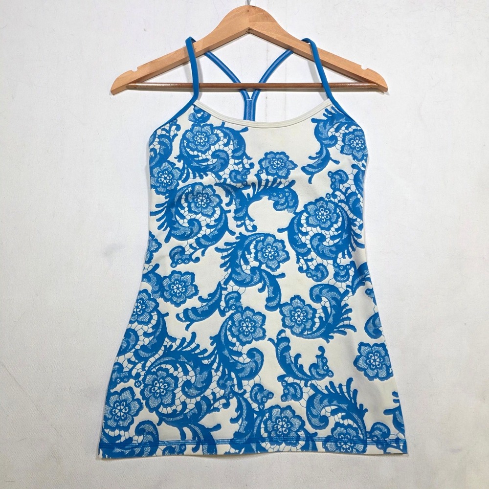 Lululemon Power Y Tank Top Womens 2 Blue White Floral Lace Print Yoga Racerback